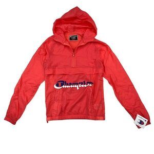 New Champion Men Unisex Red Anorak Hood Windbreaker Long Sleeve Pullover US XS